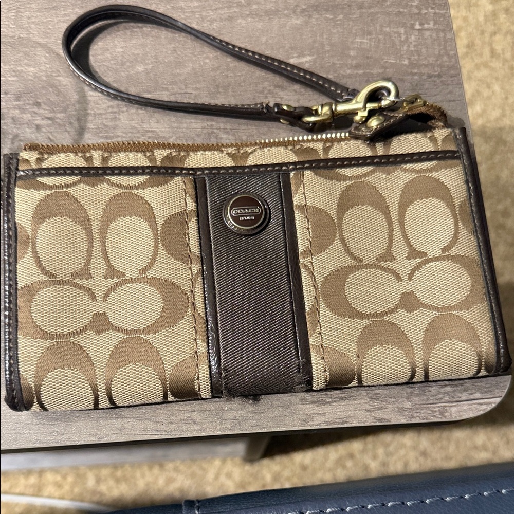 Coach Signature Brown and Tan Wristlet